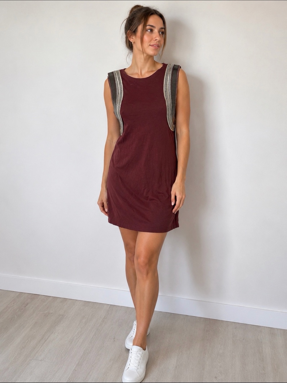 AllSaints Sleeveless Wine Shift Dress with Embellished Shoulder Trim